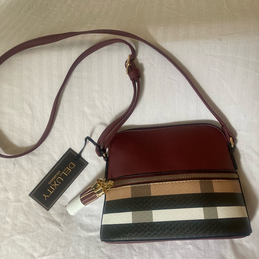 Burgundy and Multicolor Plaid Vegan Leather Crossbody Bag - Picture 3 of 16
